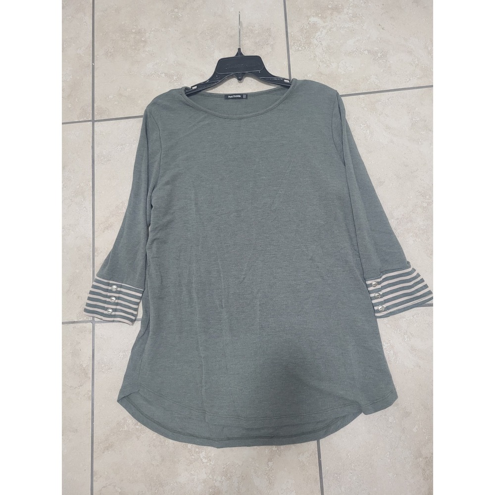 Pink Clover ‎ green Tunic Top Gray Striped Cuff 3/4 Sleeve Casual Comfort